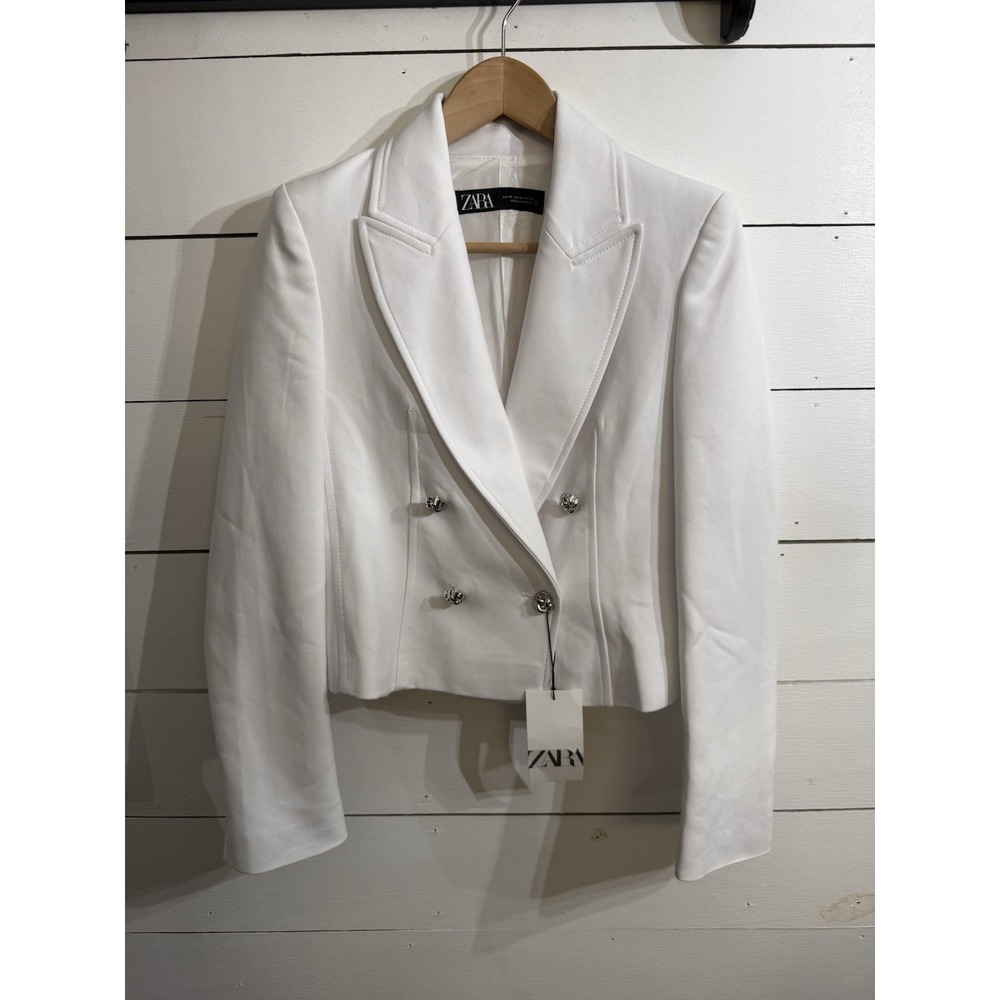 ZARA‎ NWT CROPPED DOUBLE BREASTED BLAZER JACKET WHITE Women's Size XS